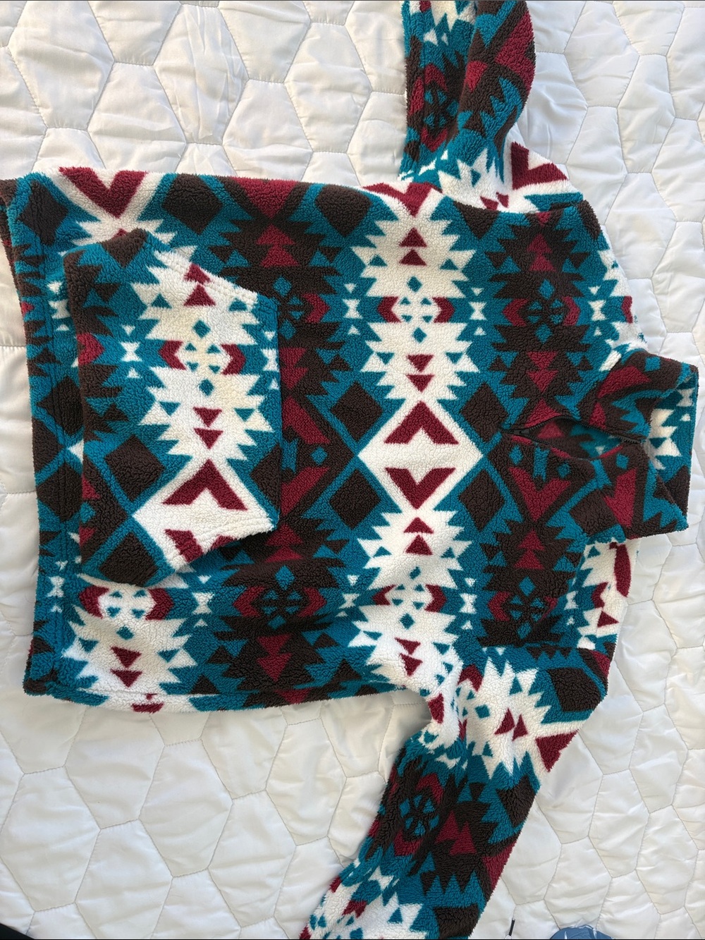 Aztec Pattern Fleece Pullover Sweater - Teal, Burgundy & White